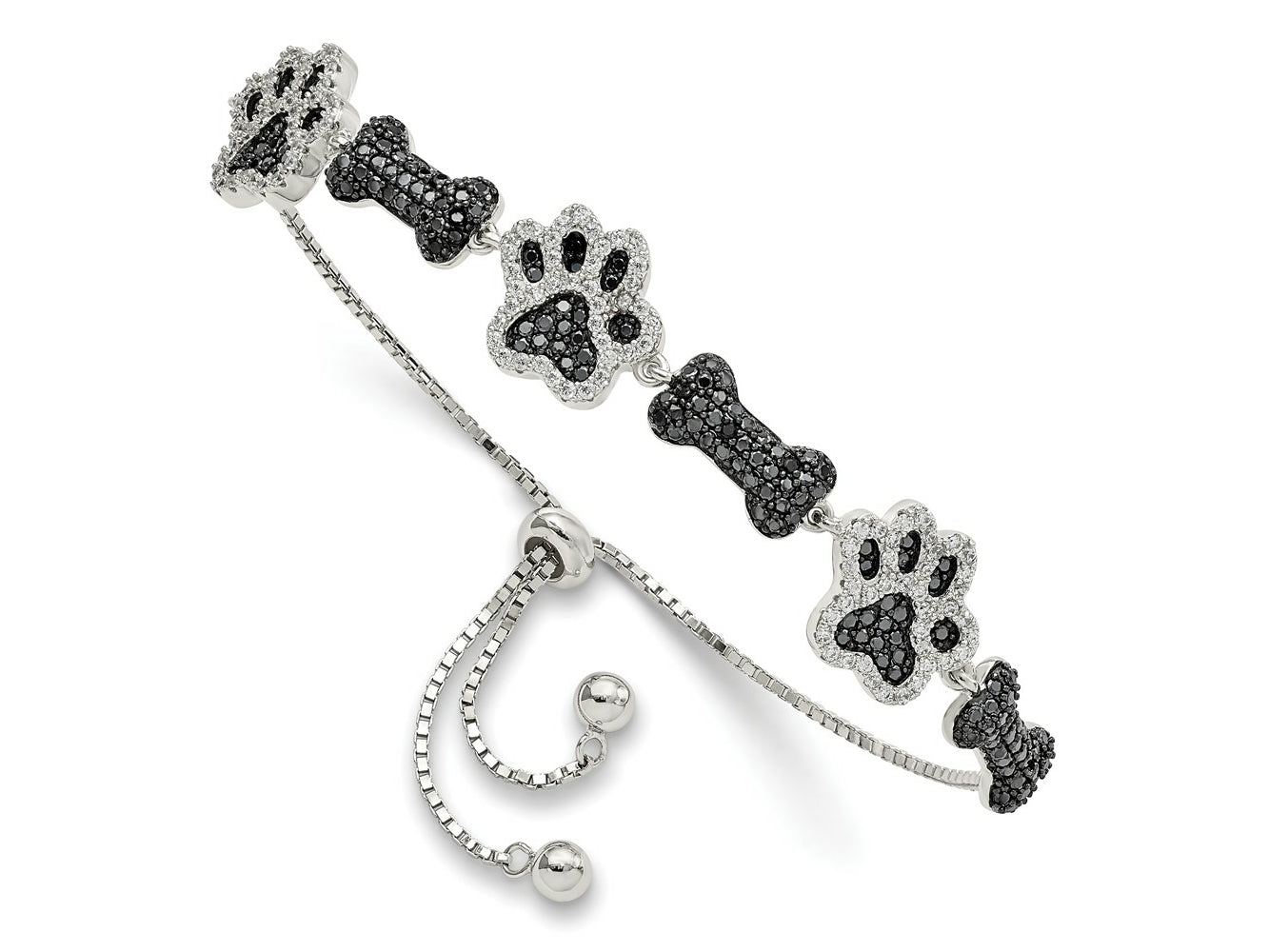 FJC Finejewelers 925 Sterling Silver Box Rhodium Plated CZ Paw Print and Dog Bone Adjustable Bracelet