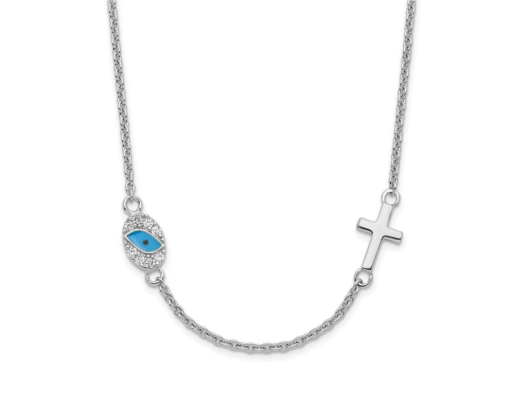 FJC Finejewelers 925 Sterling Silver  CZ Enamel Cross with Eye 16.5in with 2in ext Necklace 18 Inches x 5 mm