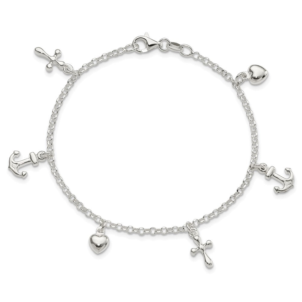 FJC Finejewelers 925 Sterling Silver Cross, Anchor, Heart Bracelet 7.5 Inches x 9 mm