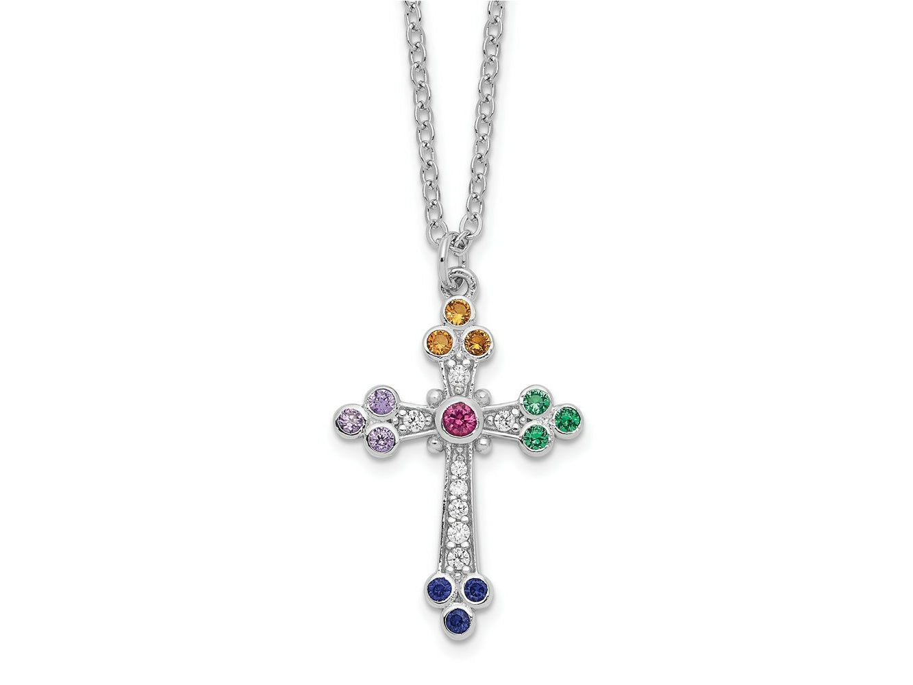FJC Finejewelers 925 Sterling Silver  Polished Multi-color CZ Cross Necklace 18 Inches x 12 mm