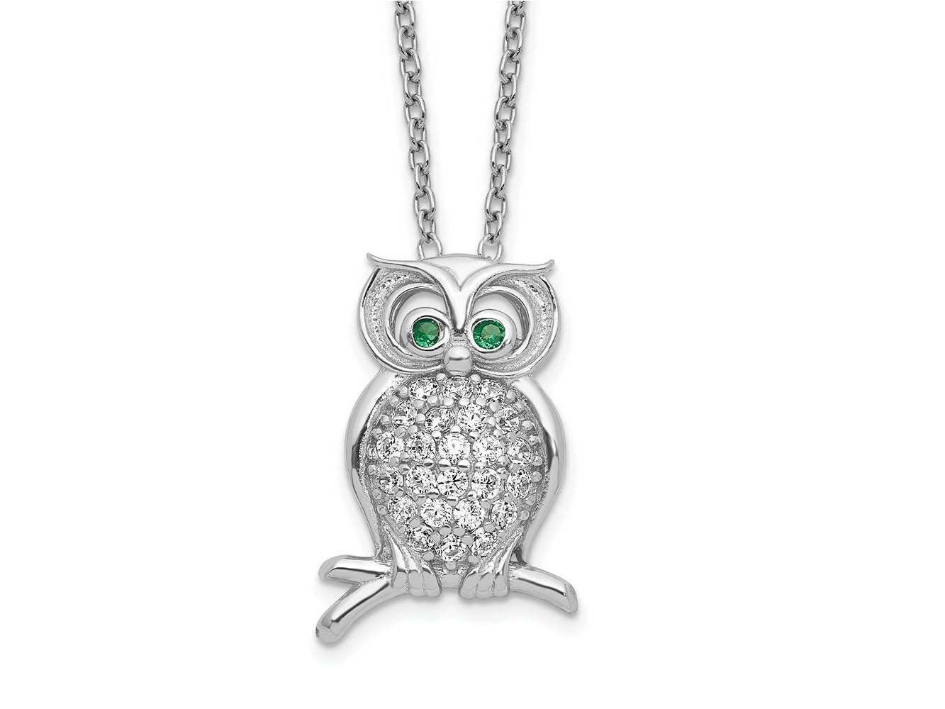FJC Finejewelers 925 Sterling Silver Cable Polished  Green/Clear CZ Owl 18in Necklace 18 Inches x 11 mm