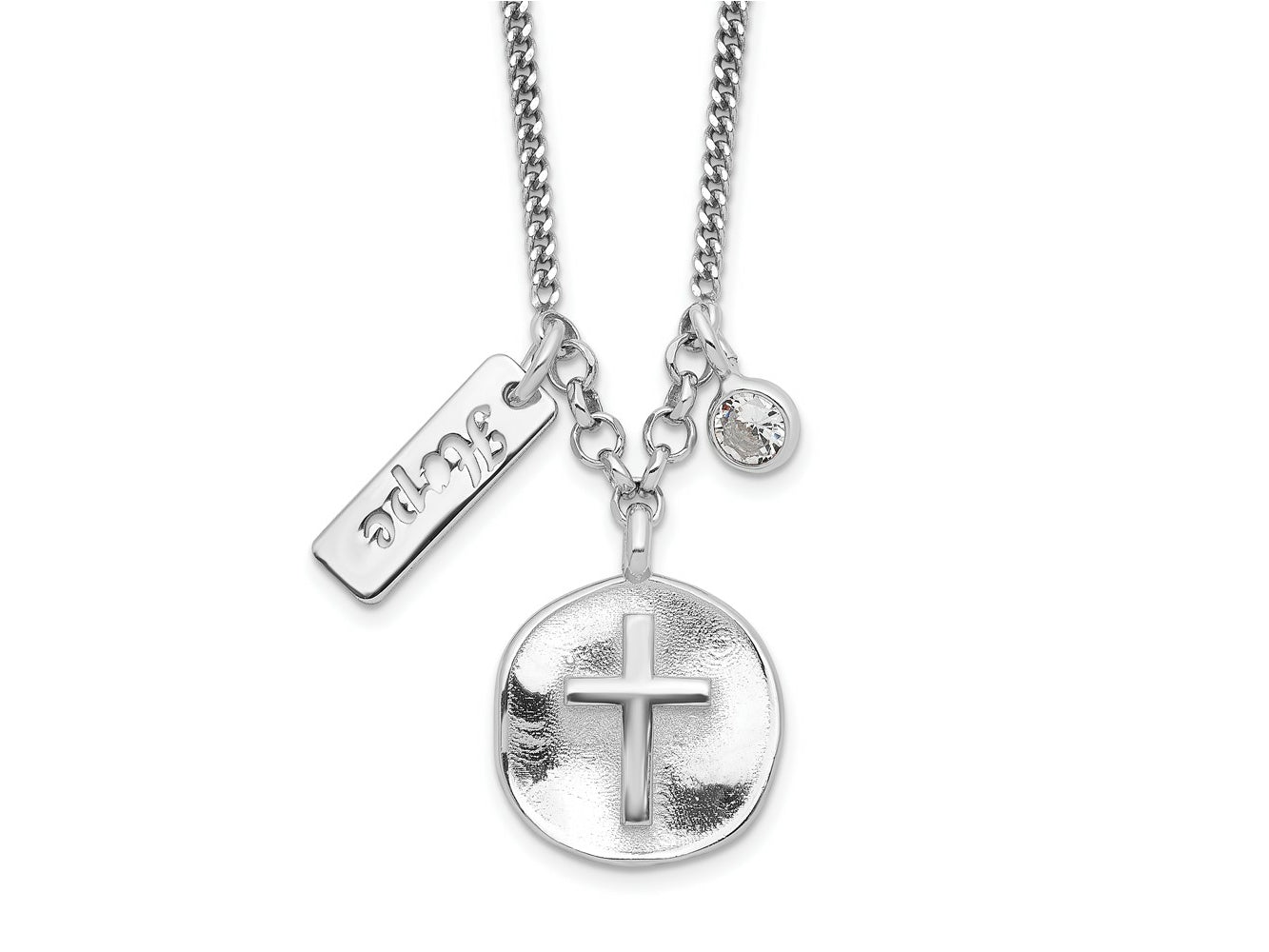 FJC Finejewelers 925 Sterling Silver  Satin Cross/Hope/CZ with 1.5in Ext Necklace 16 Inches x 12 mm