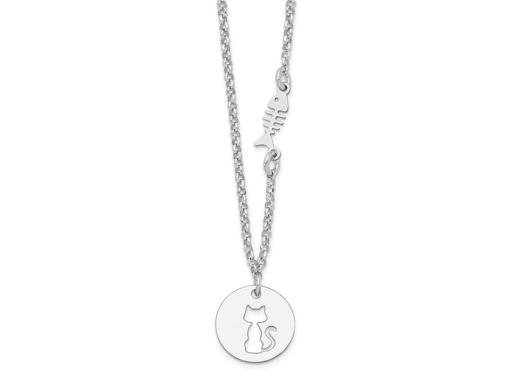 FJC Finejewelers 925 Sterling Silver  Kitty and Fish with 1 in Ext Necklace 17 Inches x 12 mm