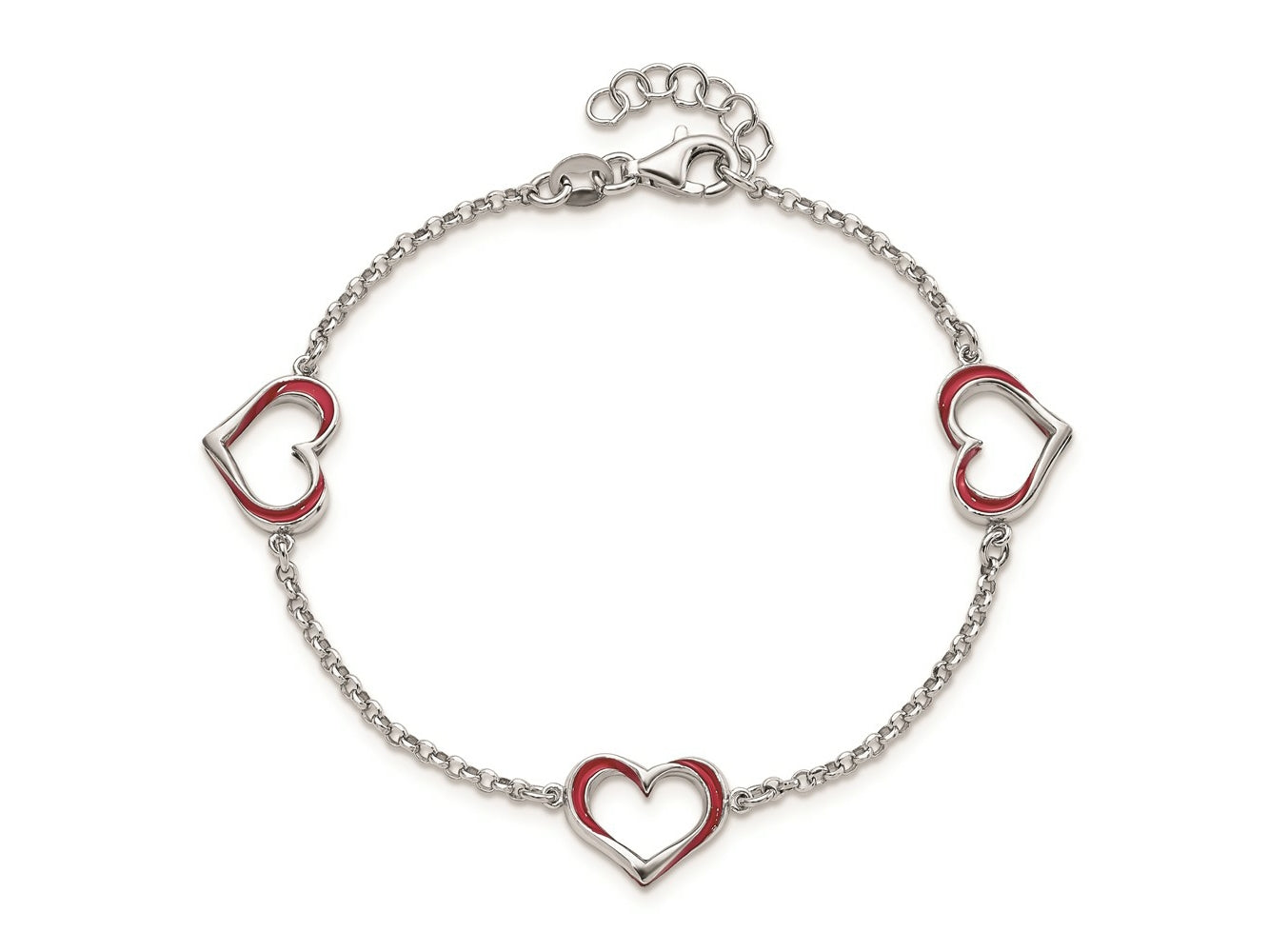 FJC Finejewelers 925 Sterling Silver  Red Enamel 3-Heart with .5 in Ext Bracelet 7 Inches x 12.22 mm