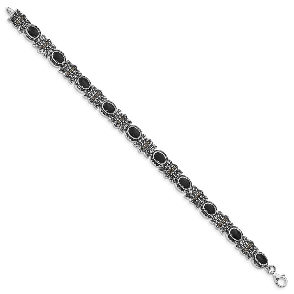 FJC Finejewelers 925 Sterling Silver Fancy  Marcasite and Onyx 7.25 inch Bracelet 7.25 Inches