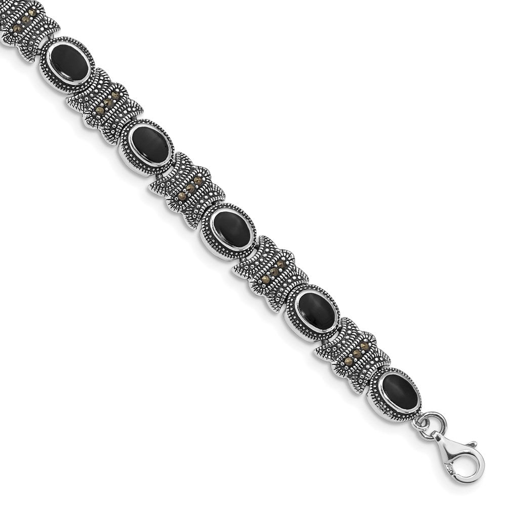 FJC Finejewelers 925 Sterling Silver Fancy  Marcasite and Onyx 7.25 inch Bracelet 7.25 Inches