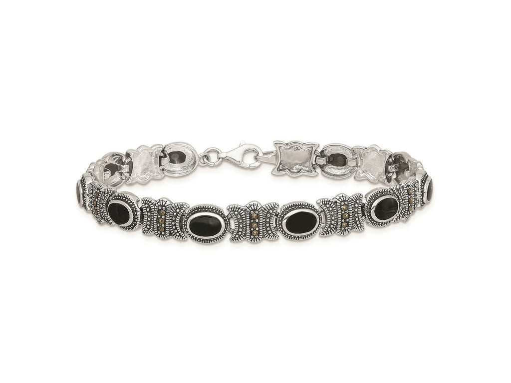 FJC Finejewelers 925 Sterling Silver Fancy  Marcasite and Onyx 7.25 inch Bracelet 7.25 Inches