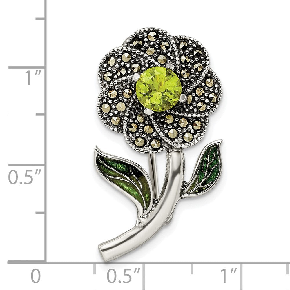 FJC Finejewelers 925 Sterling Silver Antiqued Enamel Marcasite and Green Glass Stone Flower Pin 31 x 16 mm