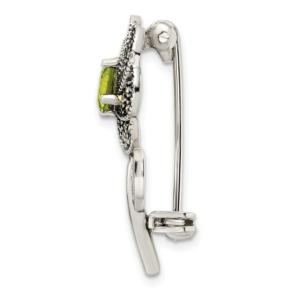 FJC Finejewelers 925 Sterling Silver Antiqued Enamel Marcasite and Green Glass Stone Flower Pin 31 x 16 mm