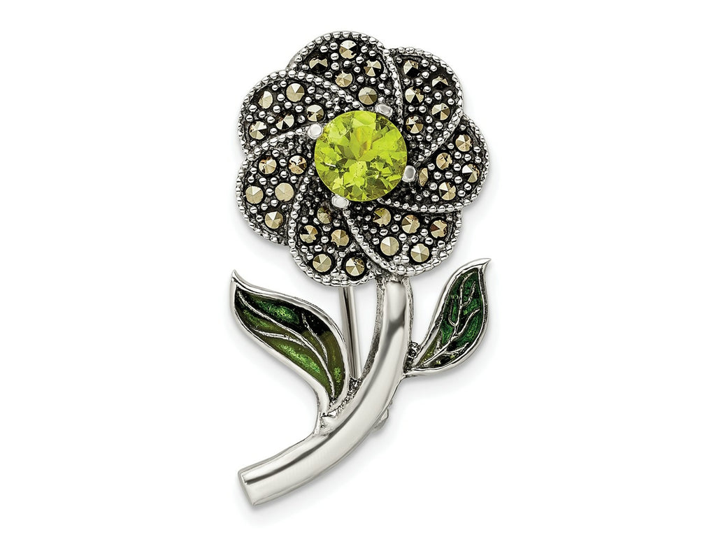 FJC Finejewelers 925 Sterling Silver Antiqued Enamel Marcasite and Green Glass Stone Flower Pin 31 x 16 mm