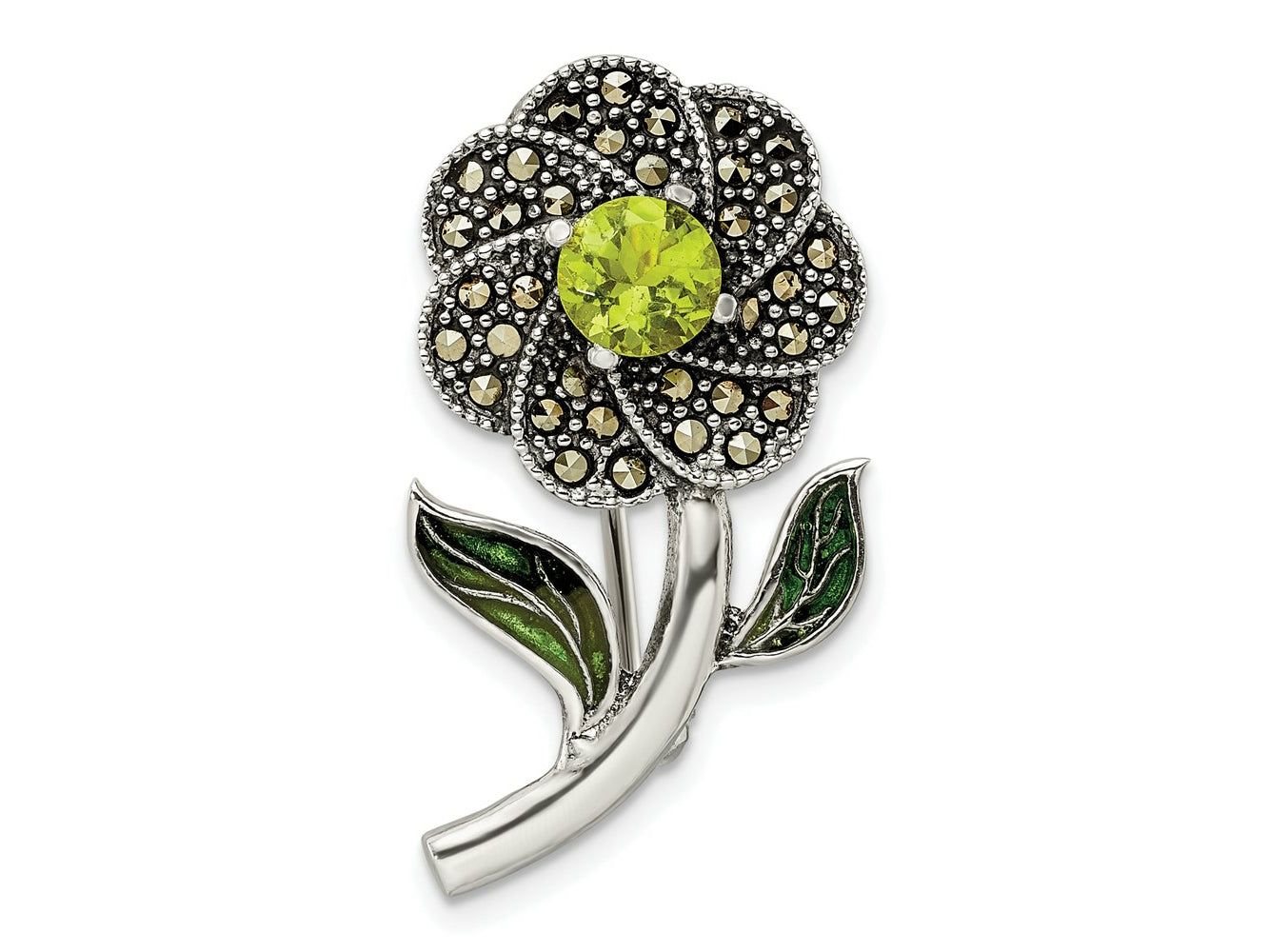 FJC Finejewelers 925 Sterling Silver Antiqued Enamel Marcasite and Green Glass Stone Flower Pin 31 x 16 mm