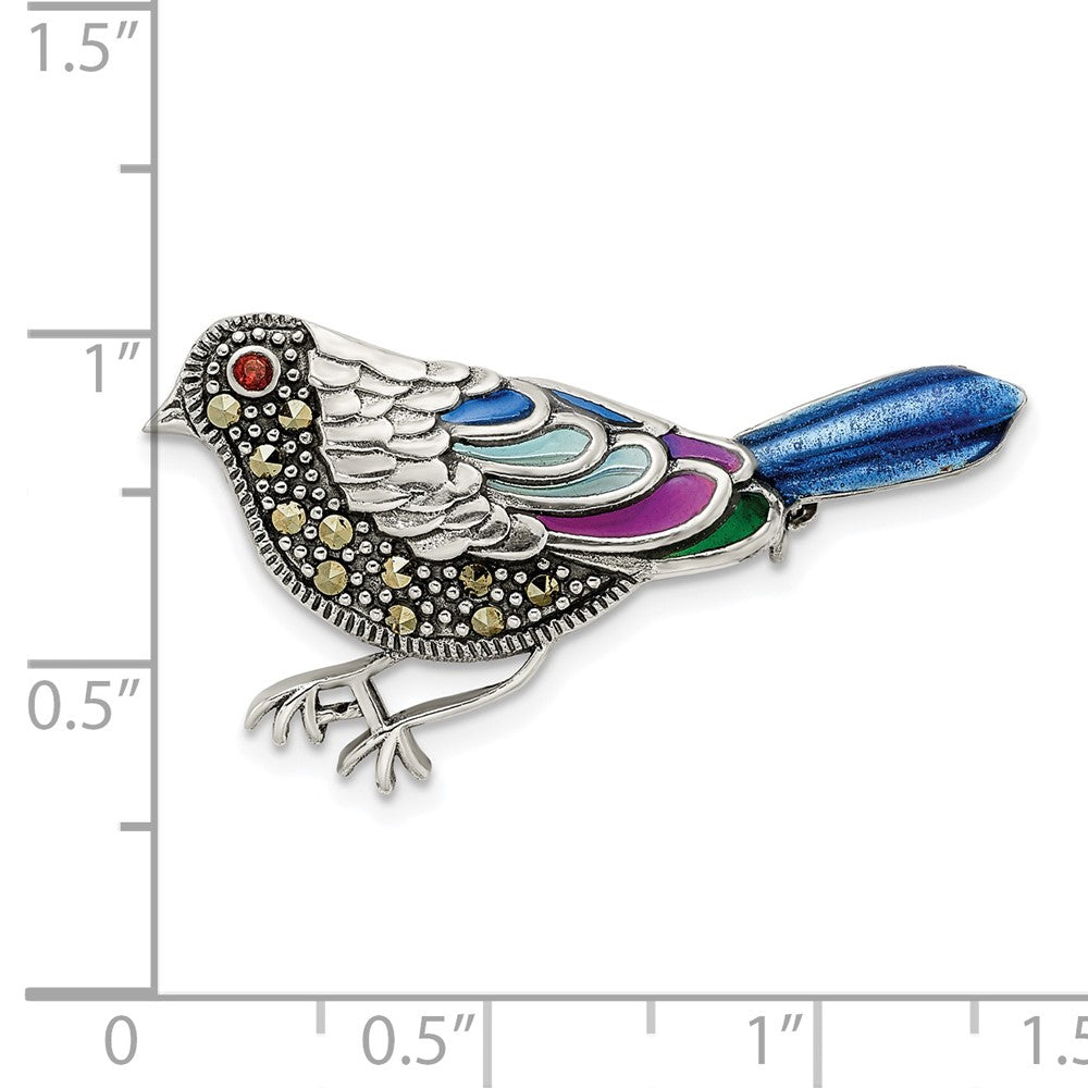 FJC Finejewelers 925 Sterling Silver Antiqued Enameled Marcasite and Garnet Bird Pin 19 x 34 mm