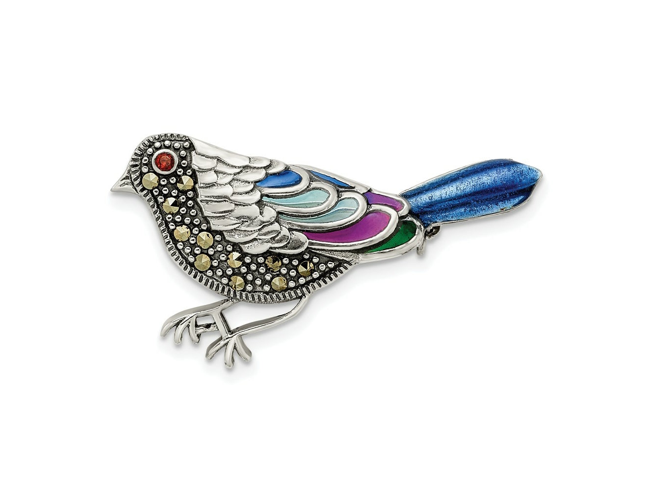 FJC Finejewelers 925 Sterling Silver Antiqued Enameled Marcasite and Garnet Bird Pin 19 x 34 mm