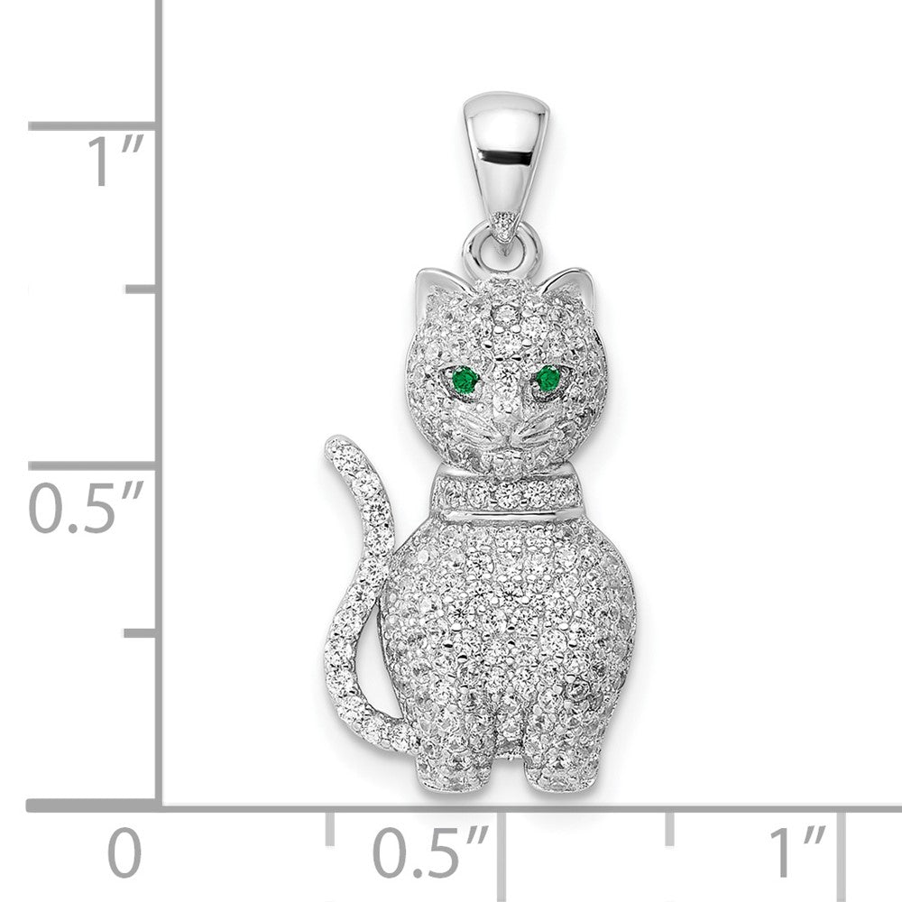FJC Finejewelers 925 Sterling Silver Rhodium Plated Polished Green and White CZ Cat Charm 26 x 11 mm