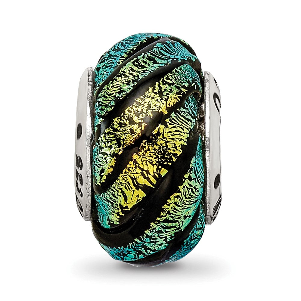 Reflections 925 Sterling Silver Green Swirl Dichroic Glass Bead 14 x 10 mm.