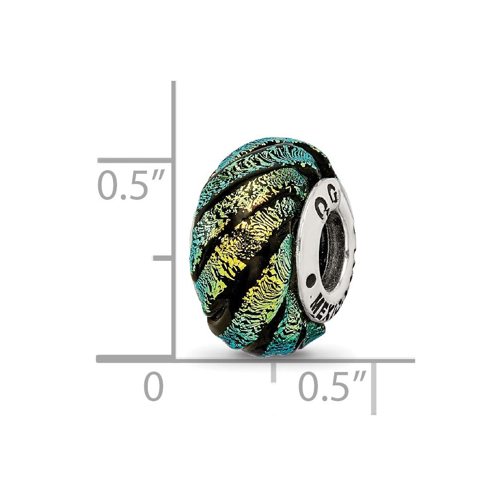 Reflections 925 Sterling Silver Green Swirl Dichroic Glass Bead 14 x 10 mm.