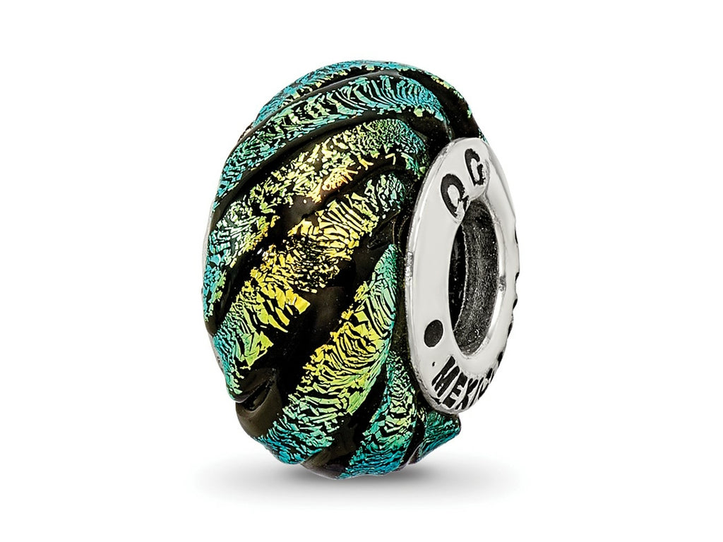 Reflections 925 Sterling Silver Green Swirl Dichroic Glass Bead 14 x 10 mm.