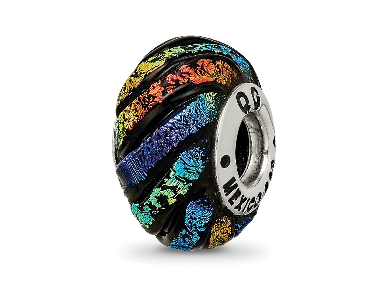Reflections 925 Sterling Silver Rainbow Swirl Dichroic Glass Bead 14 x 10 mm.
