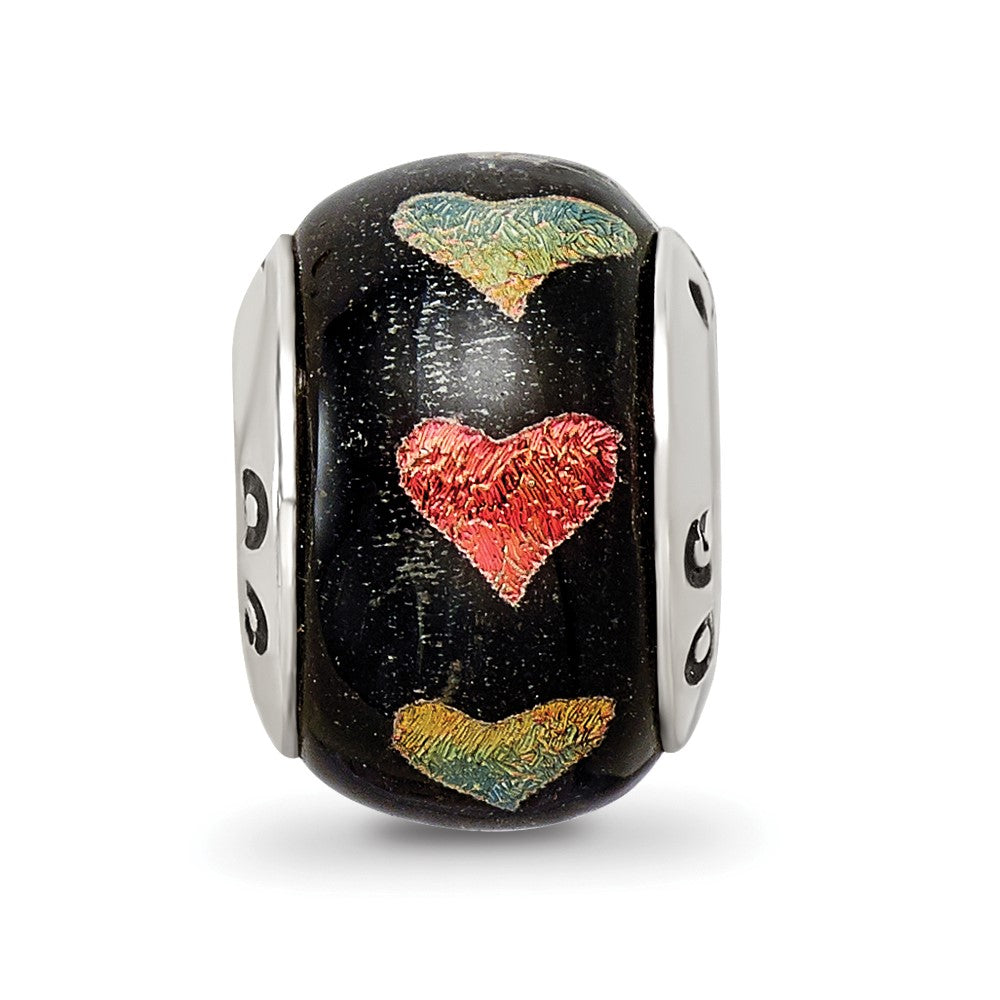 Reflections 925 Sterling Silver Orange/Green Hearts Dichroic Glass Bead 12 x 9 mm.