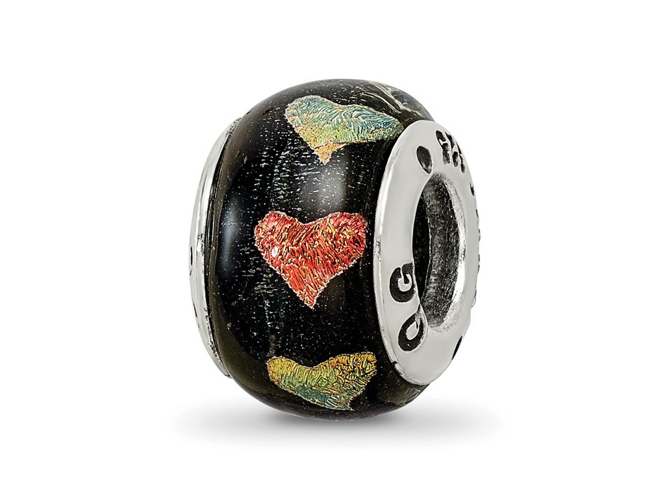 Reflections 925 Sterling Silver Orange/Green Hearts Dichroic Glass Bead 12 x 9 mm.