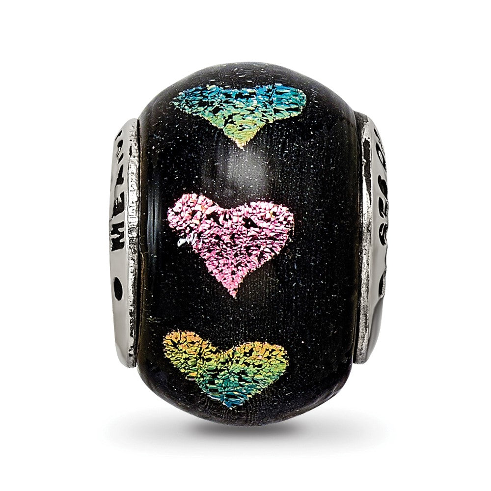 Reflections 925 Sterling Silver Pink/Purple Hearts Dichroic Glass Bead 12 x 9 mm.