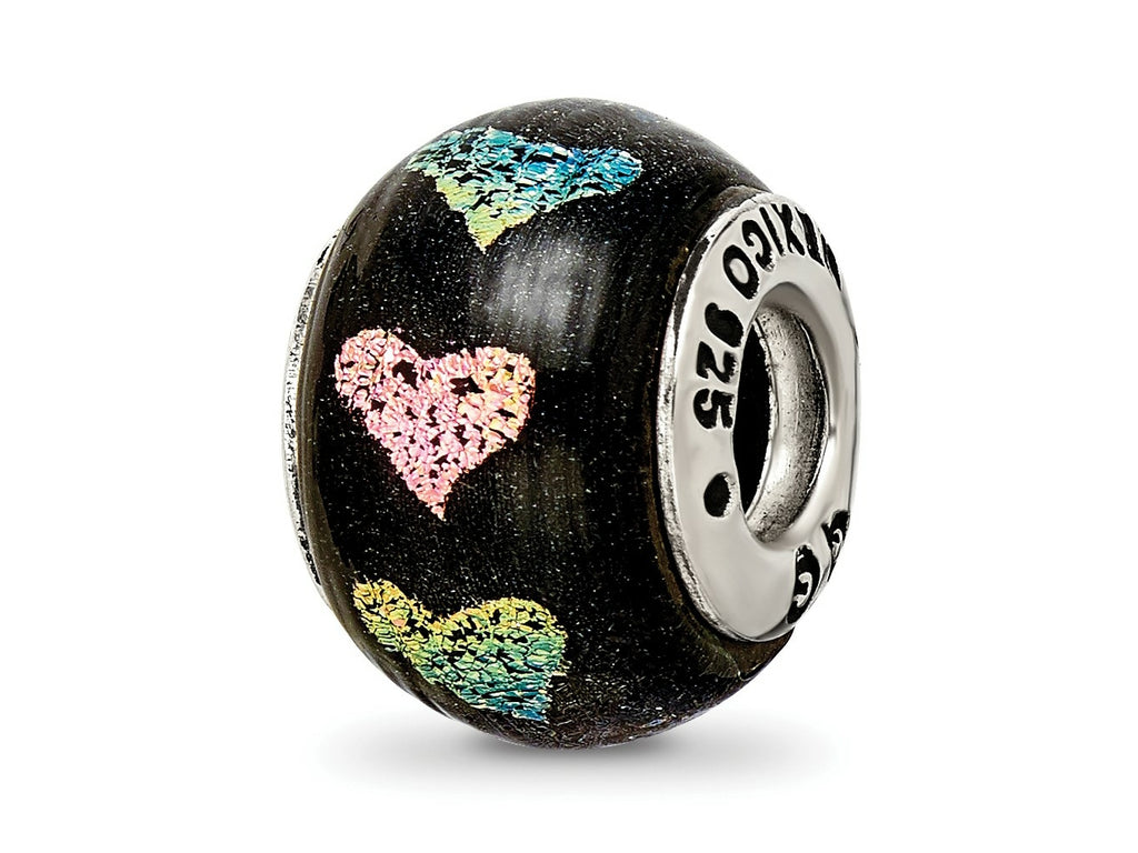 Reflections 925 Sterling Silver Pink/Purple Hearts Dichroic Glass Bead 12 x 9 mm.