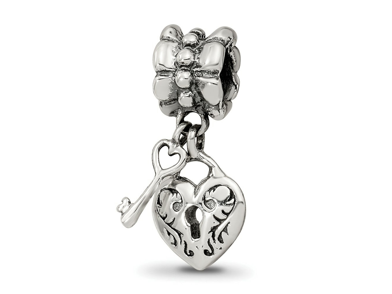 Reflections 925 Sterling Silver Heart and Key Dangle Bead 19 x 8 mm.