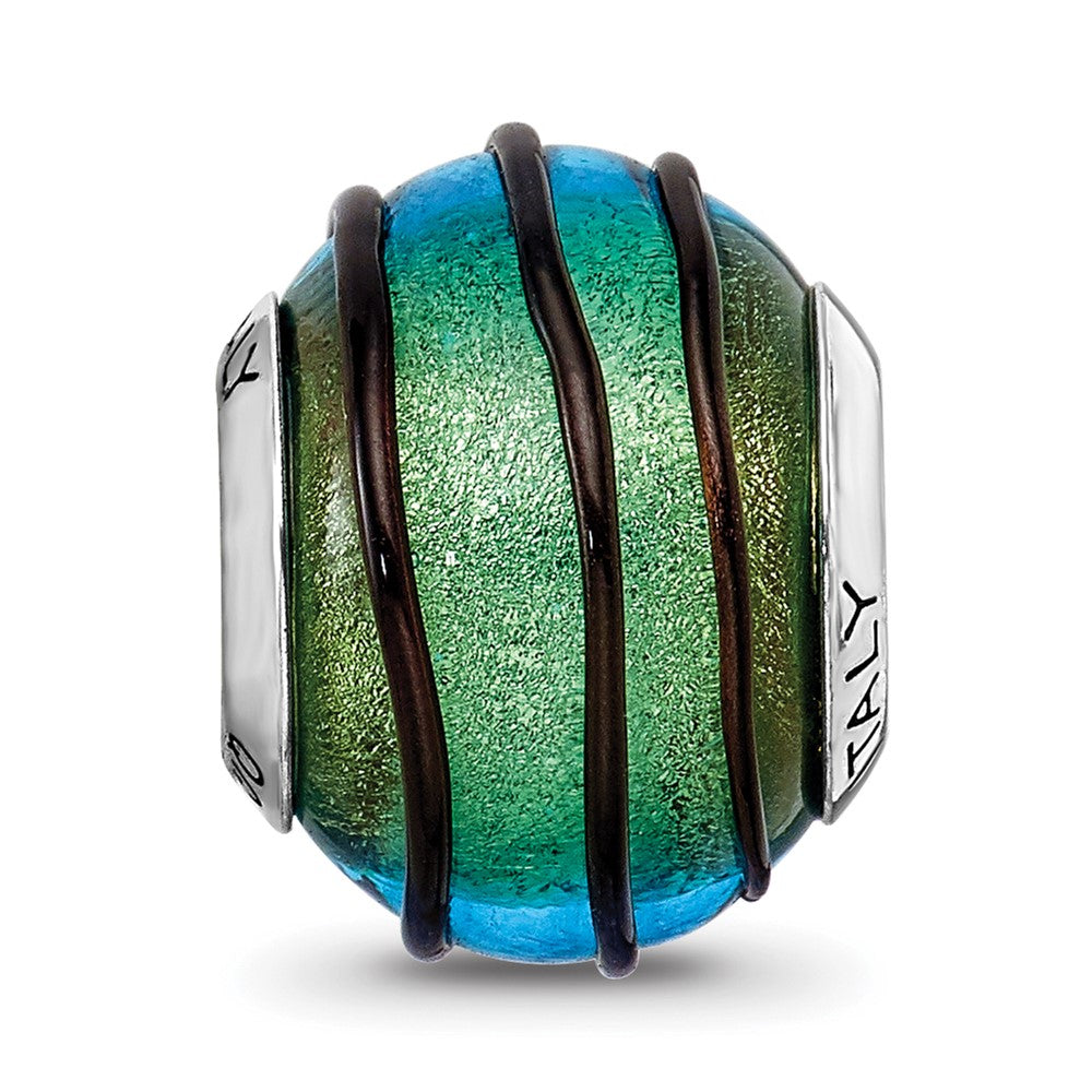 Reflections 925 Sterling Silver Teal with Black Stripes Italian Murano Bead 12 x 10 mm