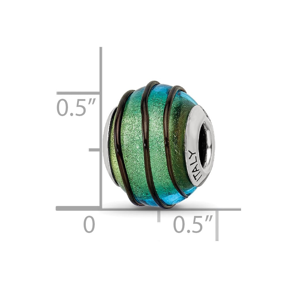 Reflections 925 Sterling Silver Teal with Black Stripes Italian Murano Bead 12 x 10 mm
