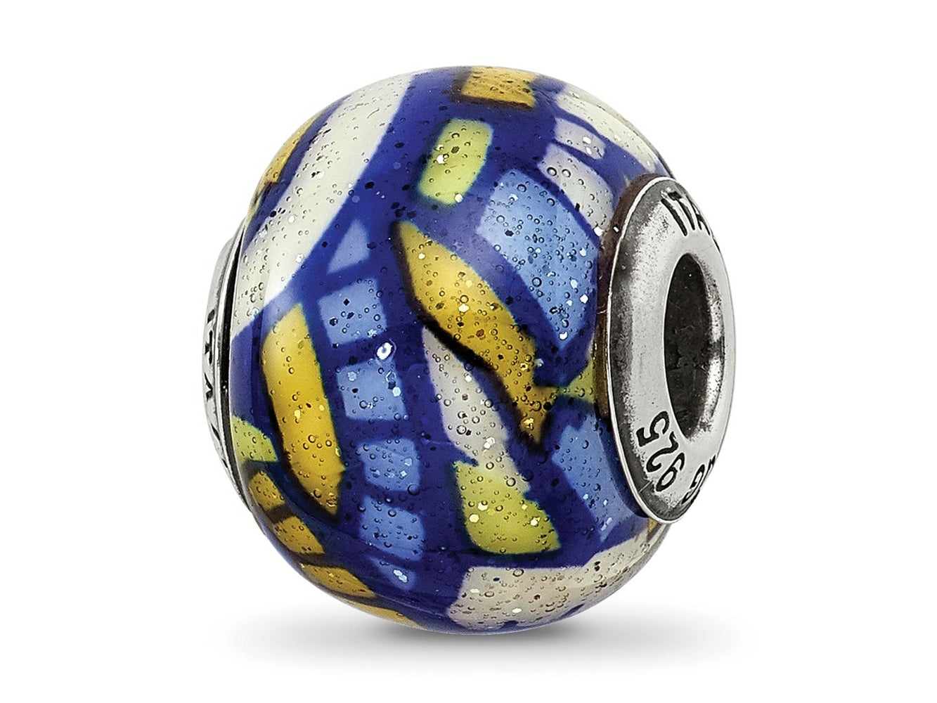 Reflections 925 Sterling Silver Multicolor with Glitter Overlay Glass Bead 12 x 10 mm