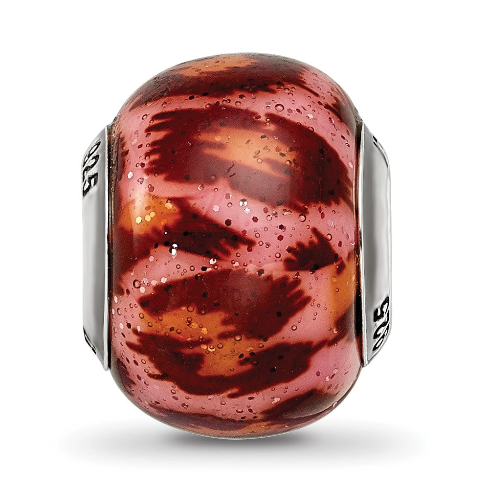 Reflections 925 Sterling Silver Pink and Brown with Glitter Overlay Glass Bead 12 x 10 mm