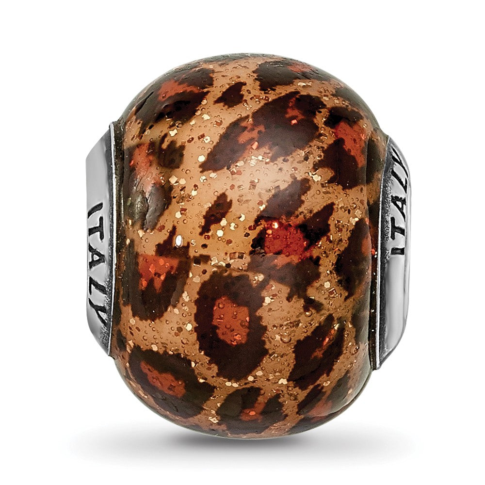 Reflections 925 Sterling Silver Brown Jaguar Glitter Overlay Glass Bead 12 x 10 mm