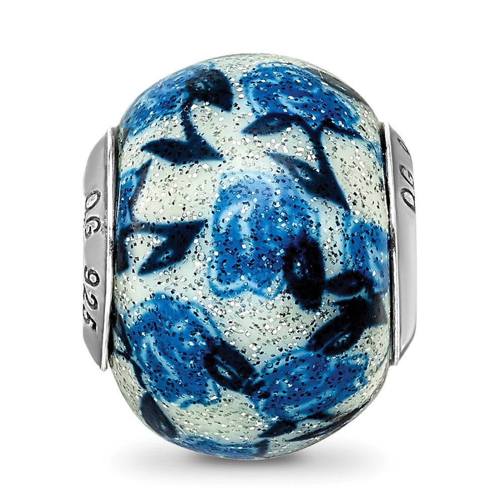 Reflections 925 Sterling Silver Blue Rose Glitter Overlay Glass Bead 12 x 10 mm
