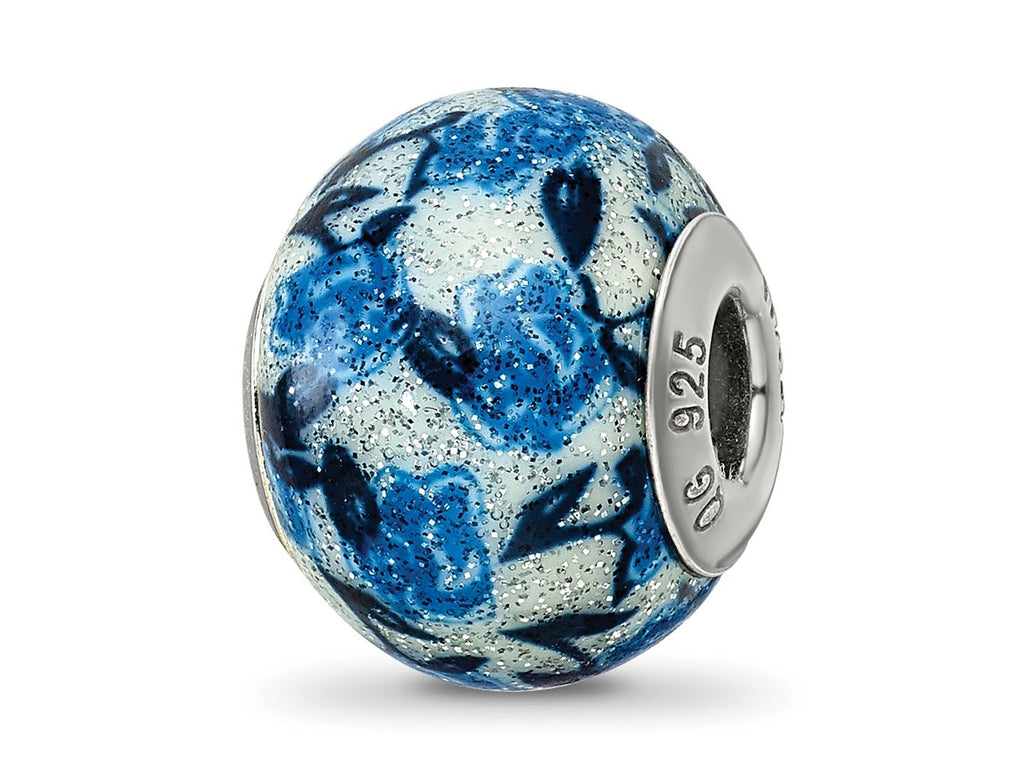Reflections 925 Sterling Silver Blue Rose Glitter Overlay Glass Bead 12 x 10 mm