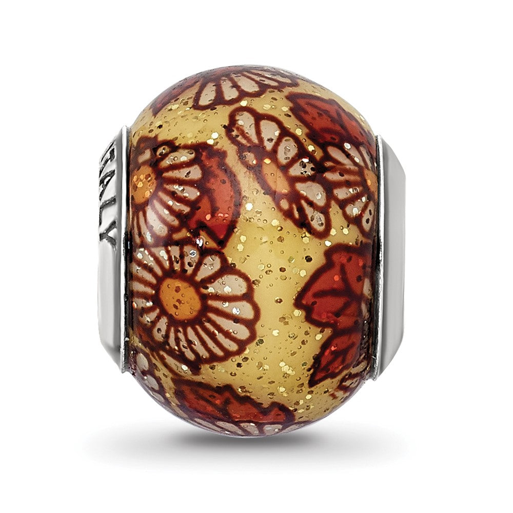 Reflections 925 Sterling Silver Italian Yellow Floral Overlay Glass Bead 12 x 10 mm
