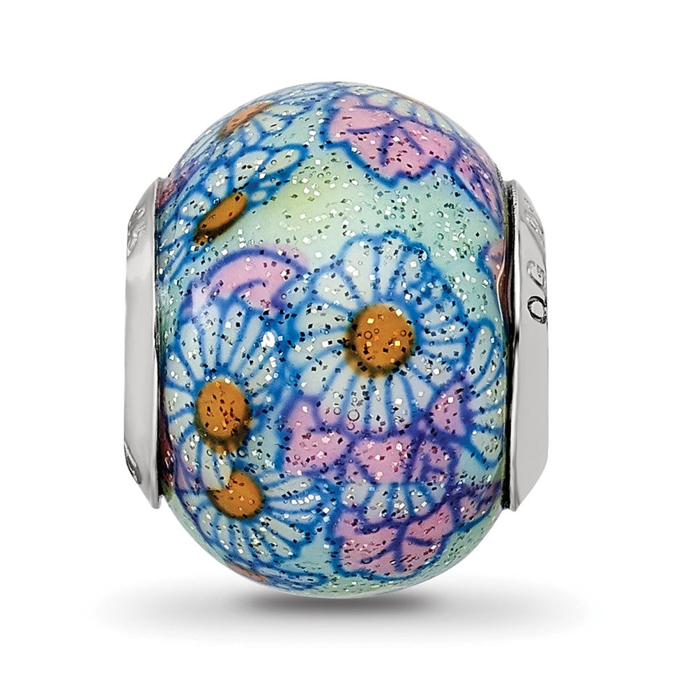 Reflections 925 Sterling Silver Italian Blue Floral Overlay Glass Bead 12 x 10 mm