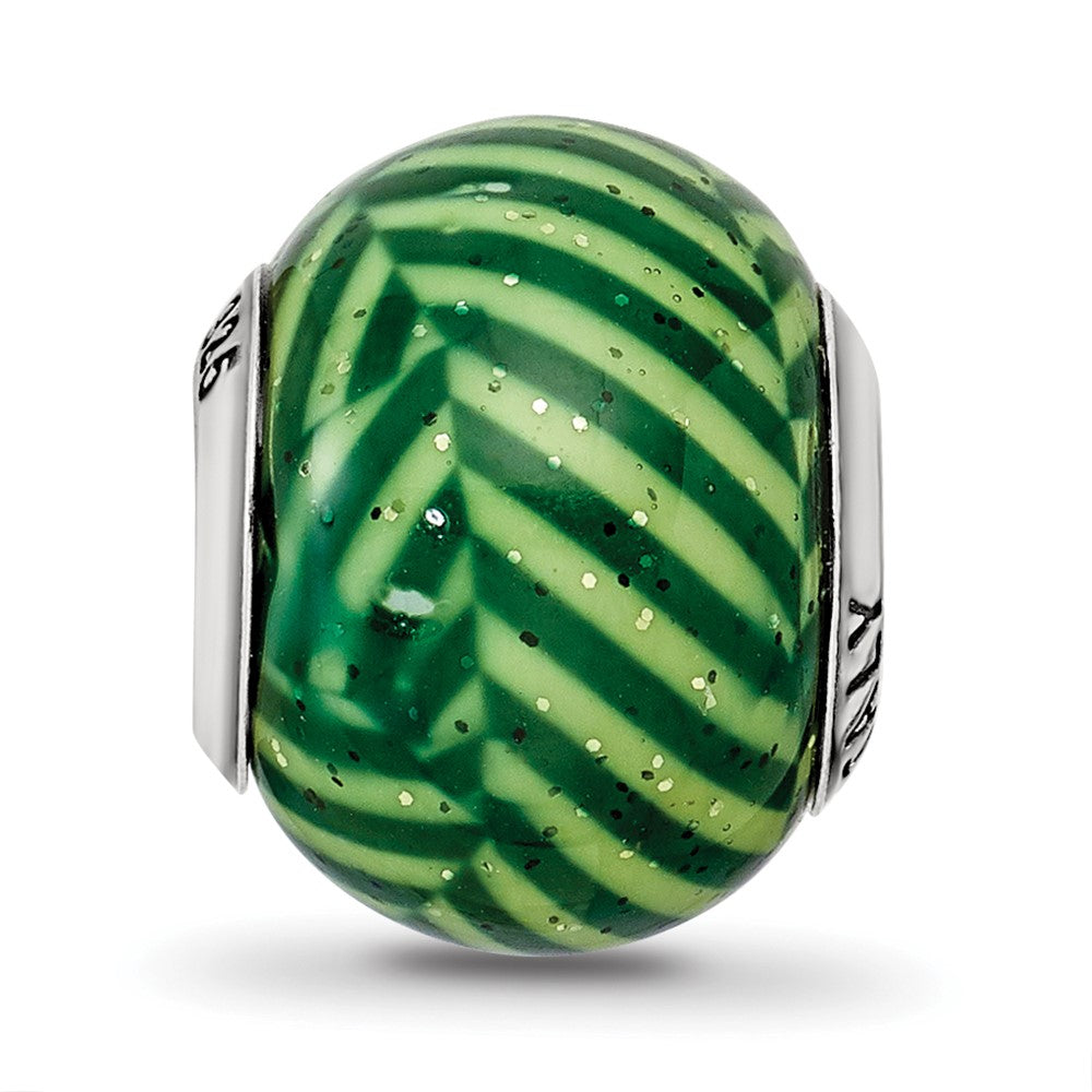 Reflections 925 Sterling Silver Italian Green Stripes with Glitter Glass Bead 12 x 10 mm