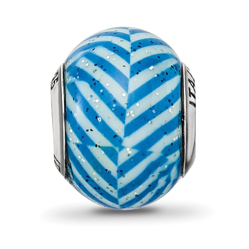 Reflections 925 Sterling Silver Italian Blue Stripes with Glitter Glass Bead 12 x 10 mm