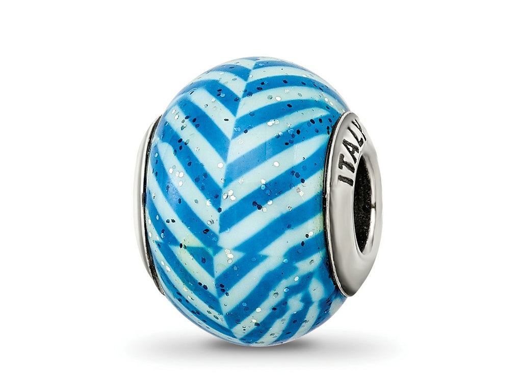 Reflections 925 Sterling Silver Italian Blue Stripes with Glitter Glass Bead 12 x 10 mm
