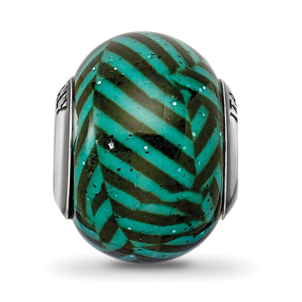 Reflections 925 Sterling Silver Italian Teal Stripes with Glitter Glass Bead 12 x 10 mm