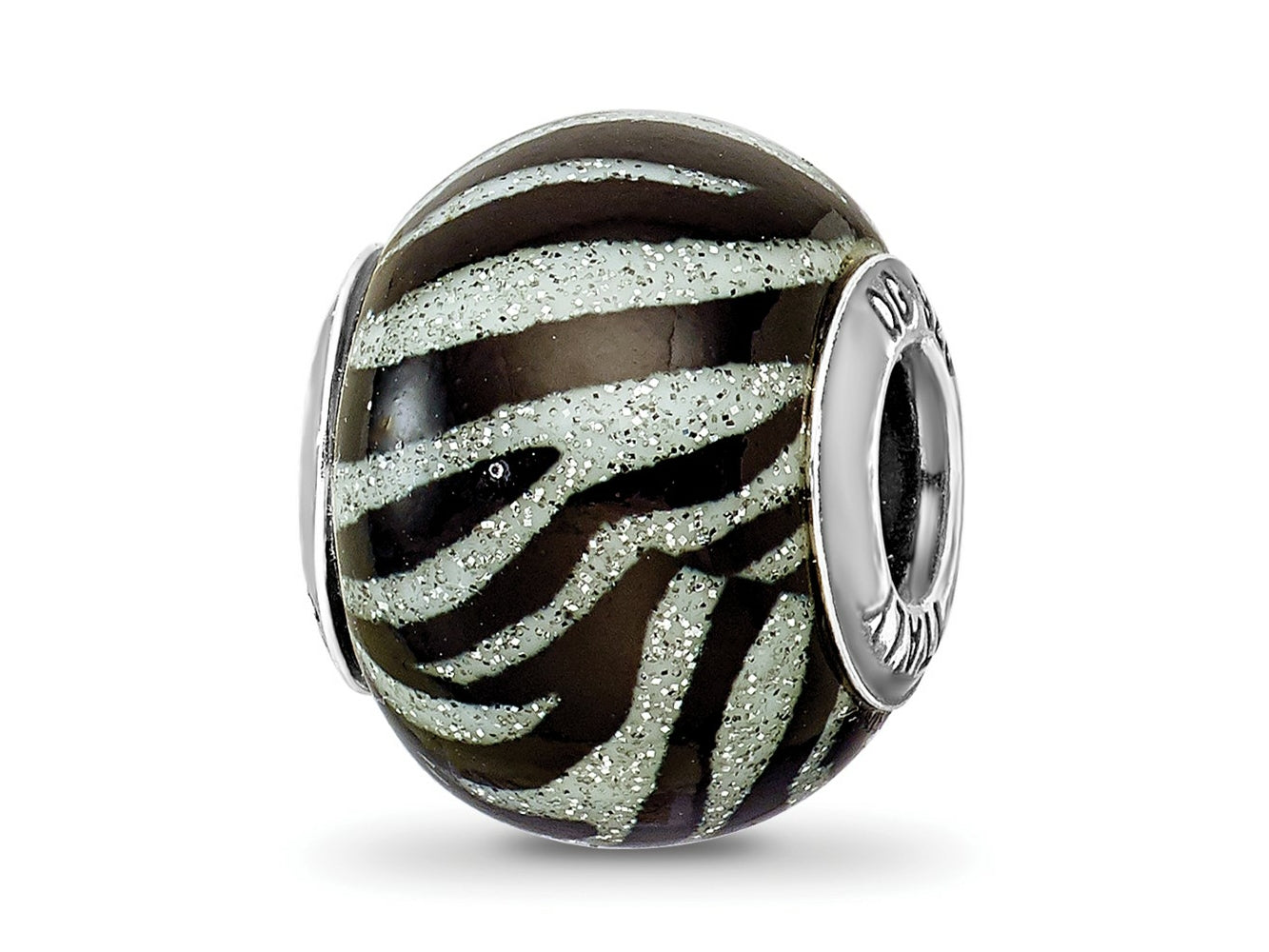 Reflections 925 Sterling Silver Italian Black and White Stripes Glass Bead 13 x 10 mm