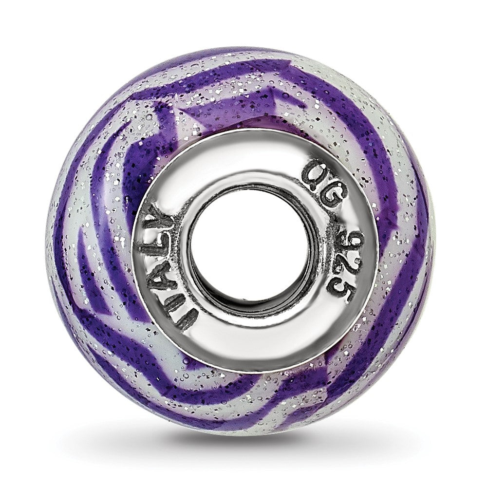 Reflections 925 Sterling Silver Italian Purple and White Stripes Glass Bead 12 x 10 mm