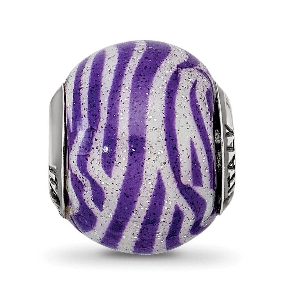 Reflections 925 Sterling Silver Italian Purple and White Stripes Glass Bead 12 x 10 mm