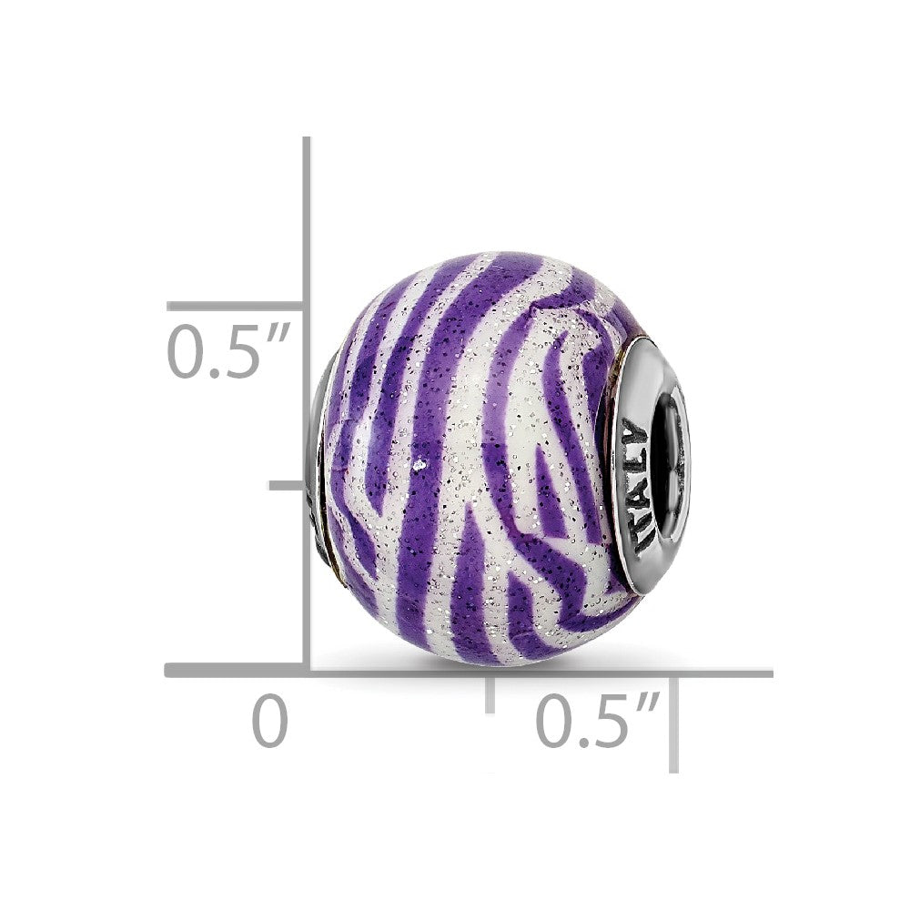 Reflections 925 Sterling Silver Italian Purple and White Stripes Glass Bead 12 x 10 mm