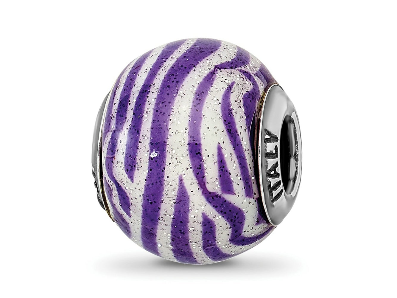 Reflections 925 Sterling Silver Italian Purple and White Stripes Glass Bead 12 x 10 mm