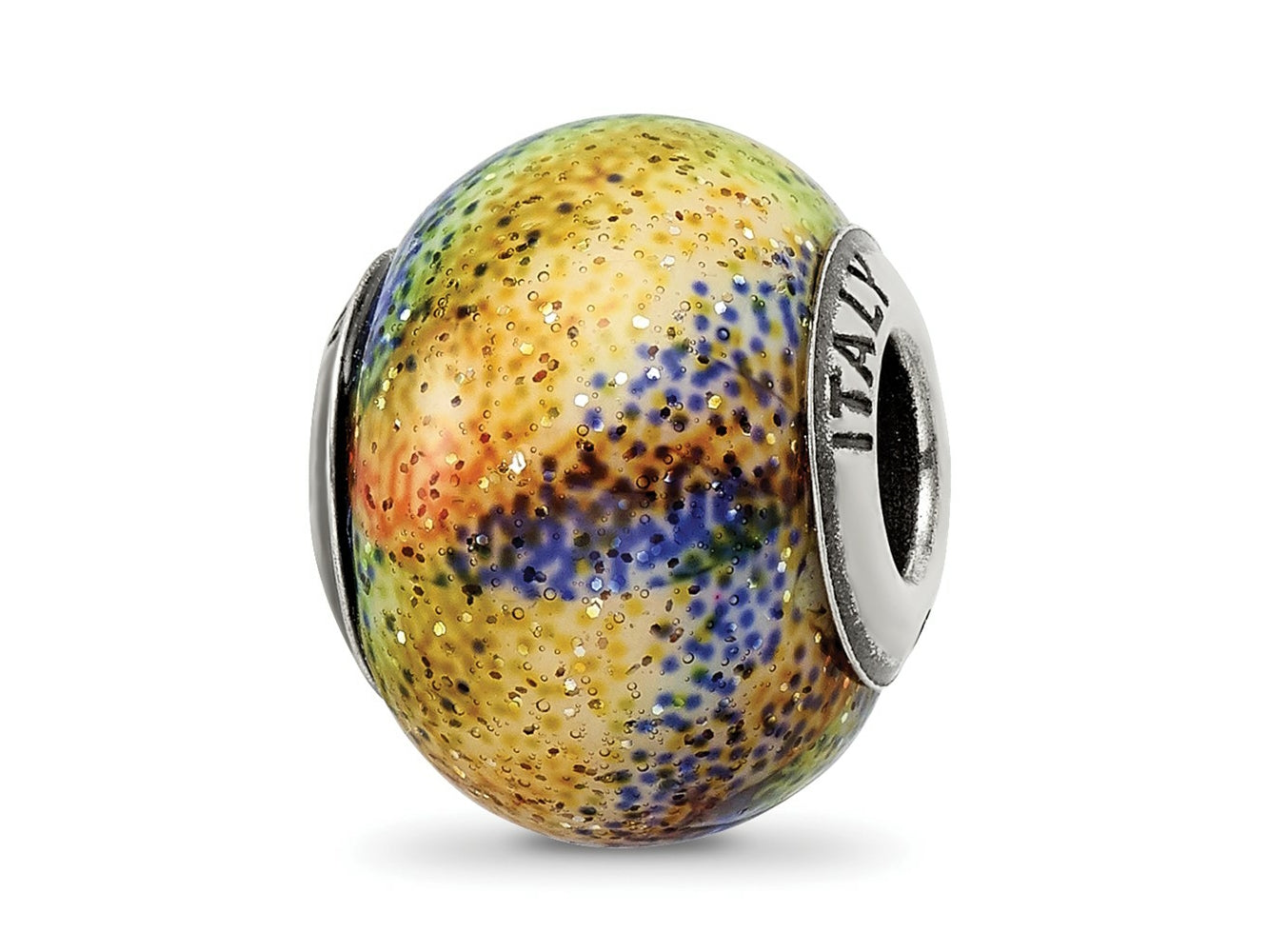 Reflections 925 Sterling Silver Italian Blue and Orange and Green Glass Bead 12 x 10 mm