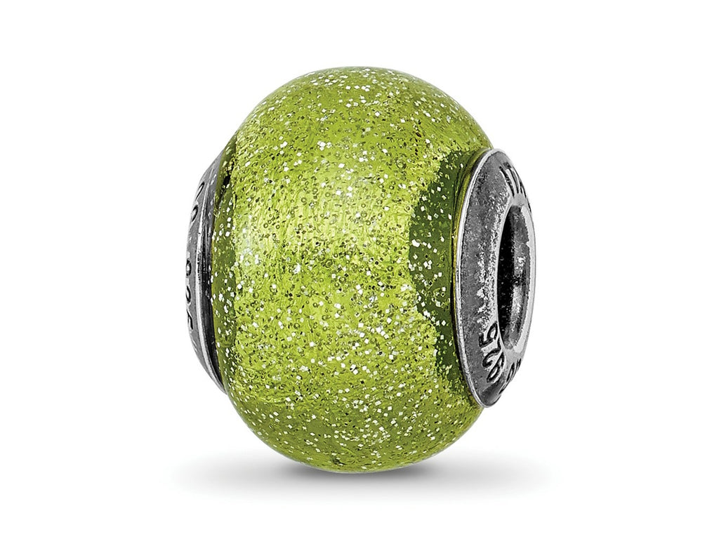Reflections 925 Sterling Silver Italian Light Green with Silver Glitter Glass Bead 12 x 10 mm