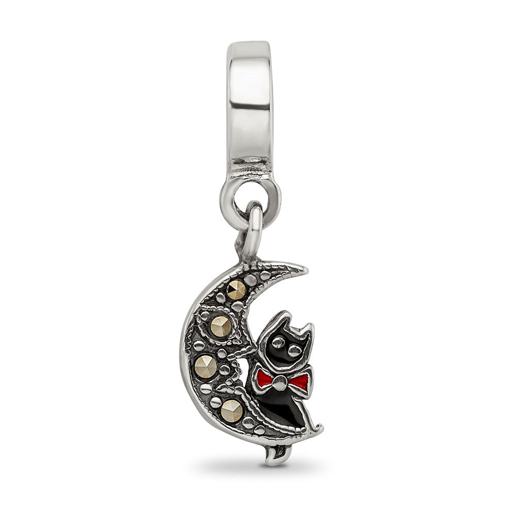 Reflections 925 Sterling Silver Marcasite Cat and Moon Dangle Bead 10 x 8 mm