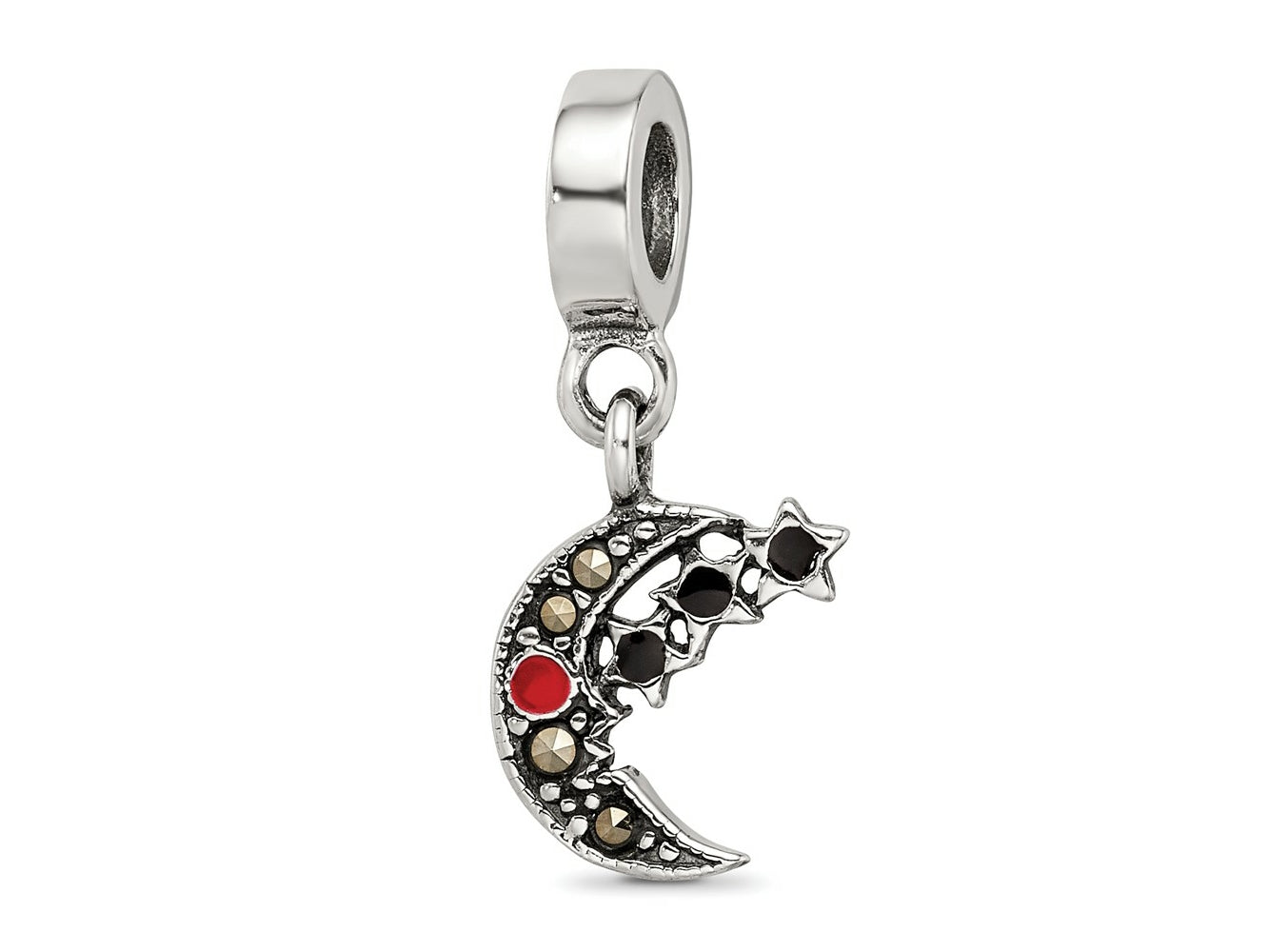 Reflections 925 Sterling Silver Marcasite Moon and Stars Dangle Bead 13 x 10 mm