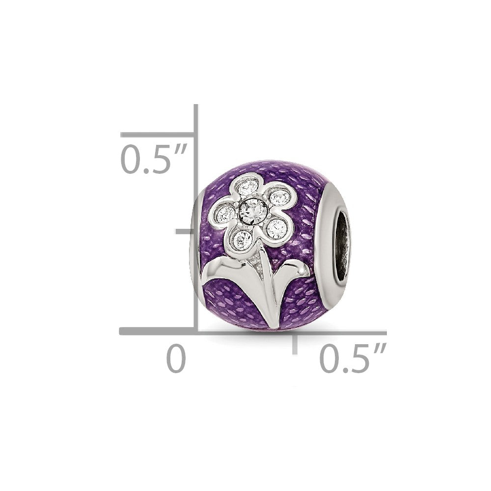 Reflections 925 Sterling Silver Enameled Purple Enam with crystals Flower Bead 10 x 9 mm